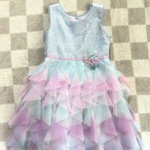 Girls party, formal, layered sparkle dress size 6 Pink, teal, purple, light blue